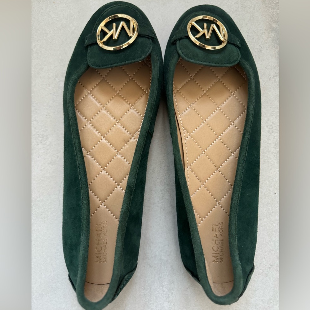 Michael Kors Dark Green Suede Loafers with Gold Logo Size 8